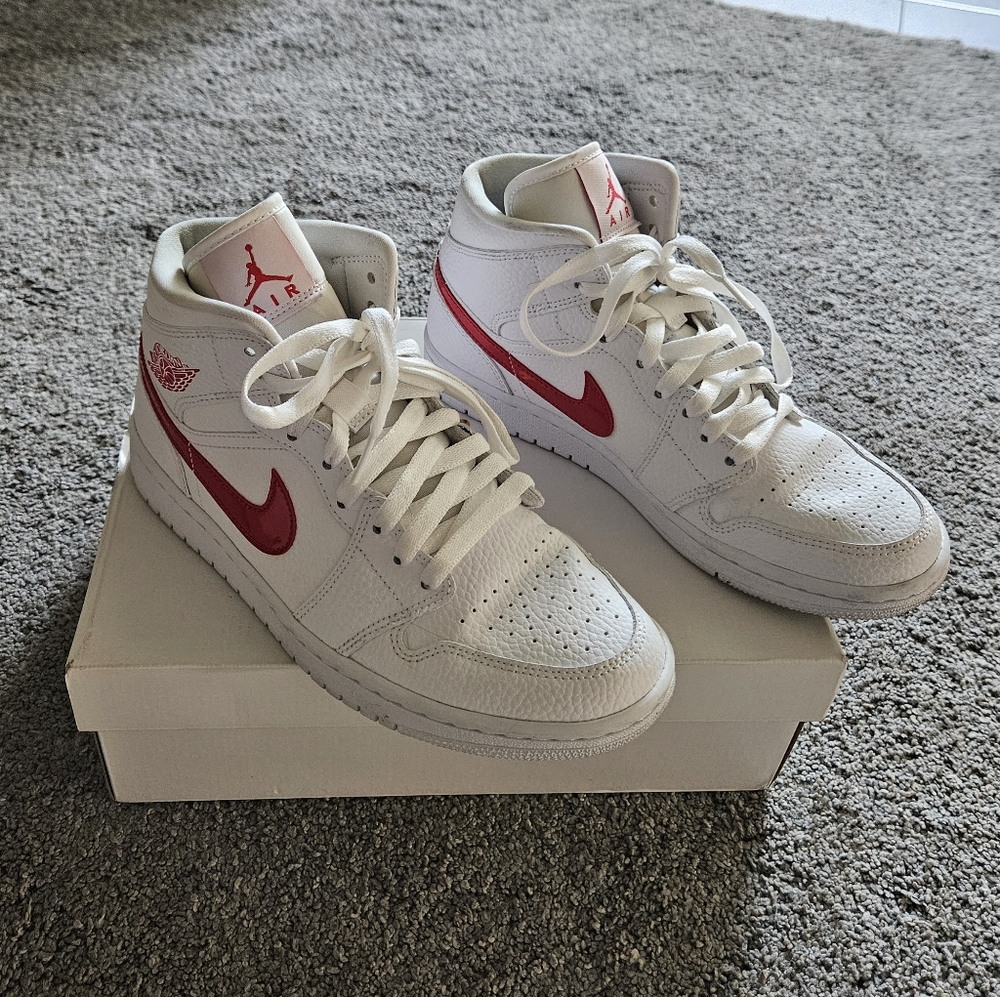White and Red Nike Mid-Top Sneakers